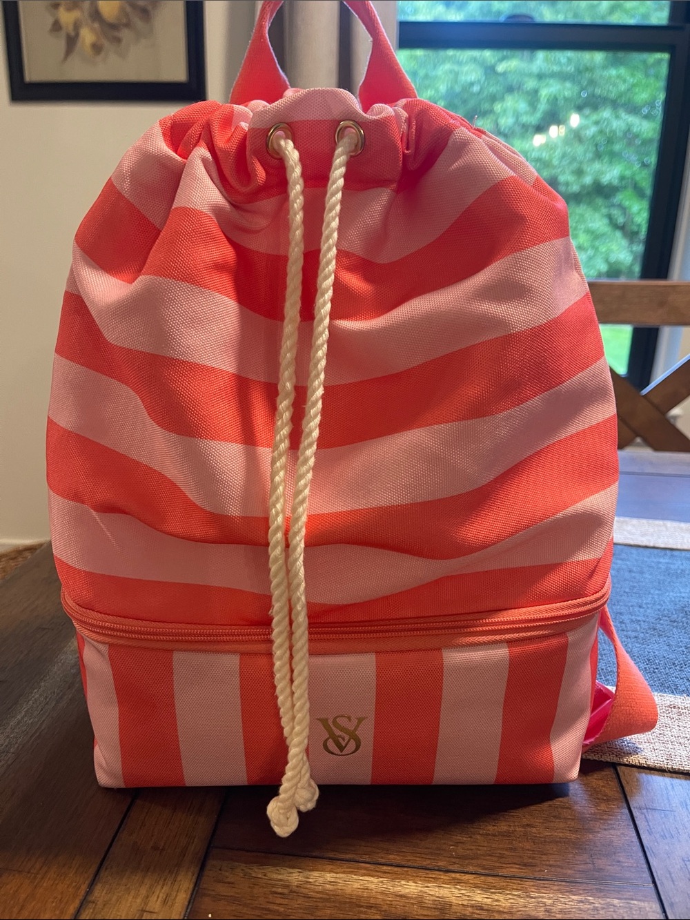 Victoria's Secret Pink and Coral Stripe Drawstring Backpack cooler